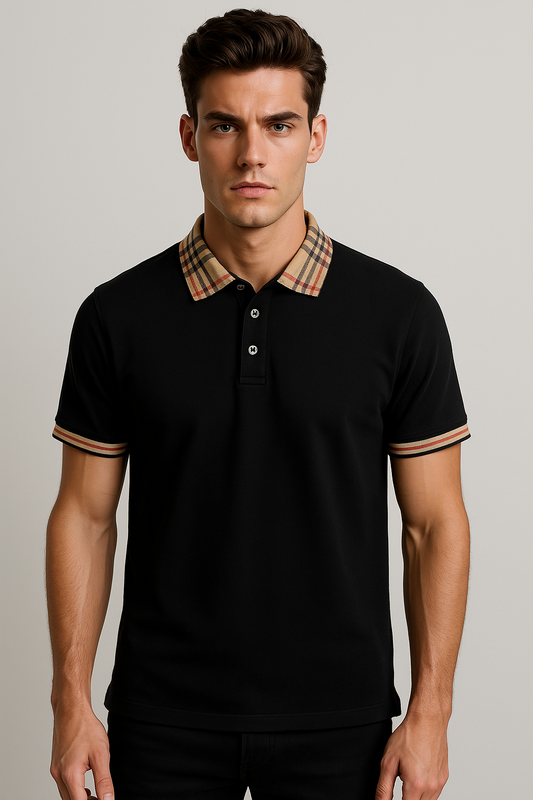 Polo Negra Con Cuello y Mangas Cafes