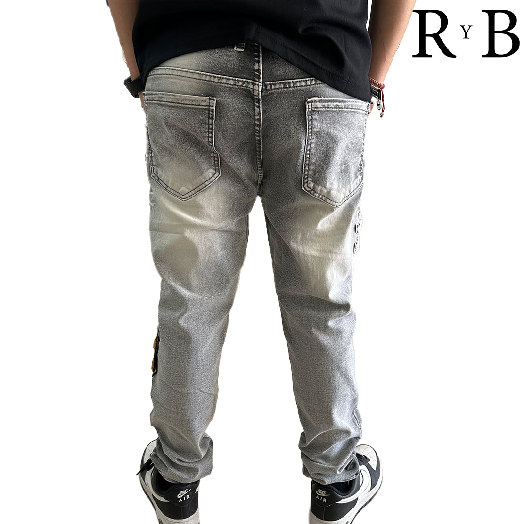 Pantalon Mezclilla Estampado Gris