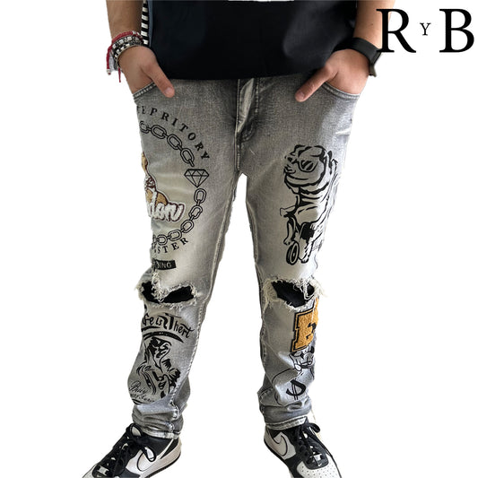 Pantalon Mezclilla Estampado Gris