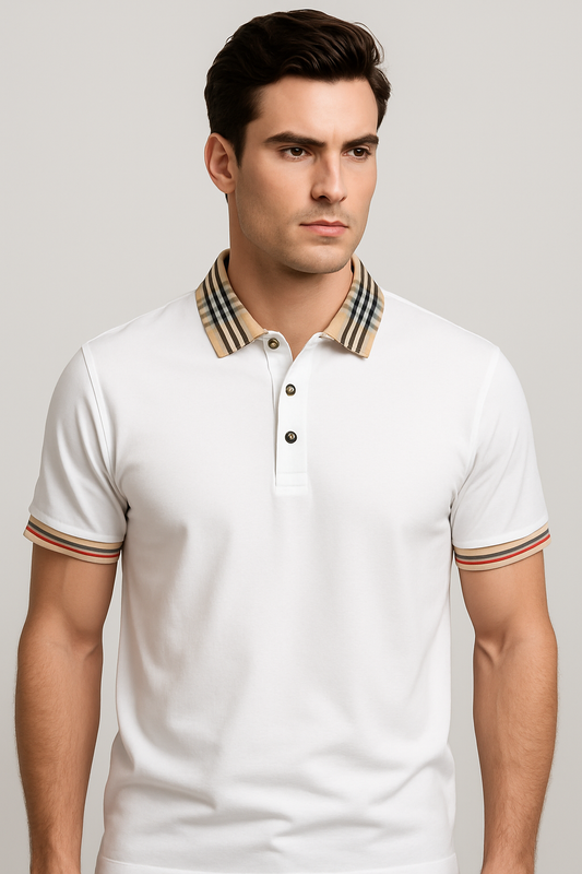 Polo Blanca con Cuello y Mangas Cafes