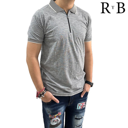 Playera Polo Gris con Cuello Rayado