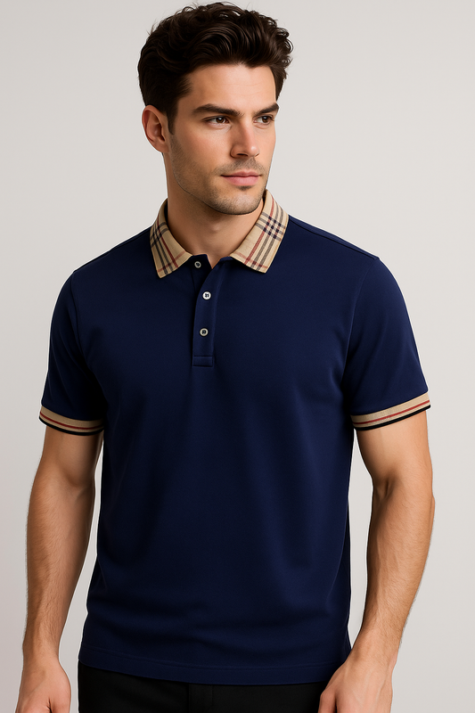 Polo Azul con Cuello y Mangas Cafes